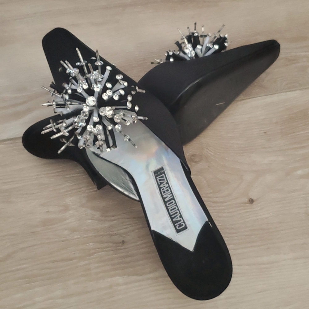EUC Claudio Merrazi Glitzy Satin Kitten Heel Mules